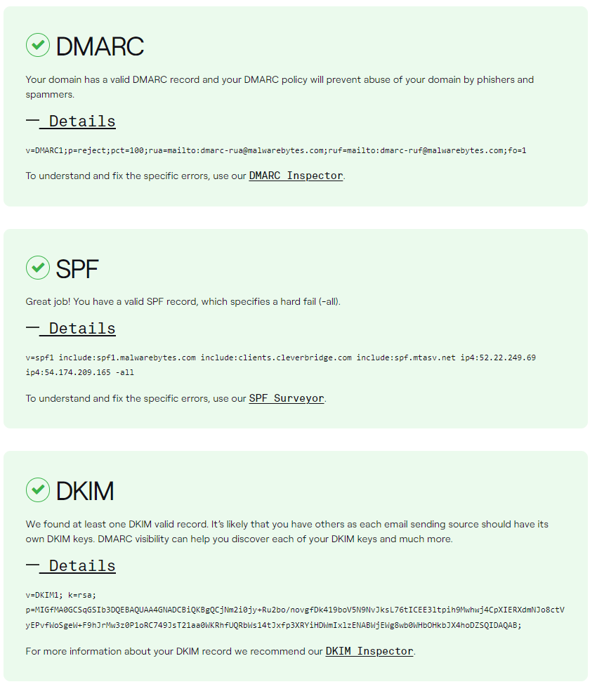 DMARC SPF DKIM domain checker results