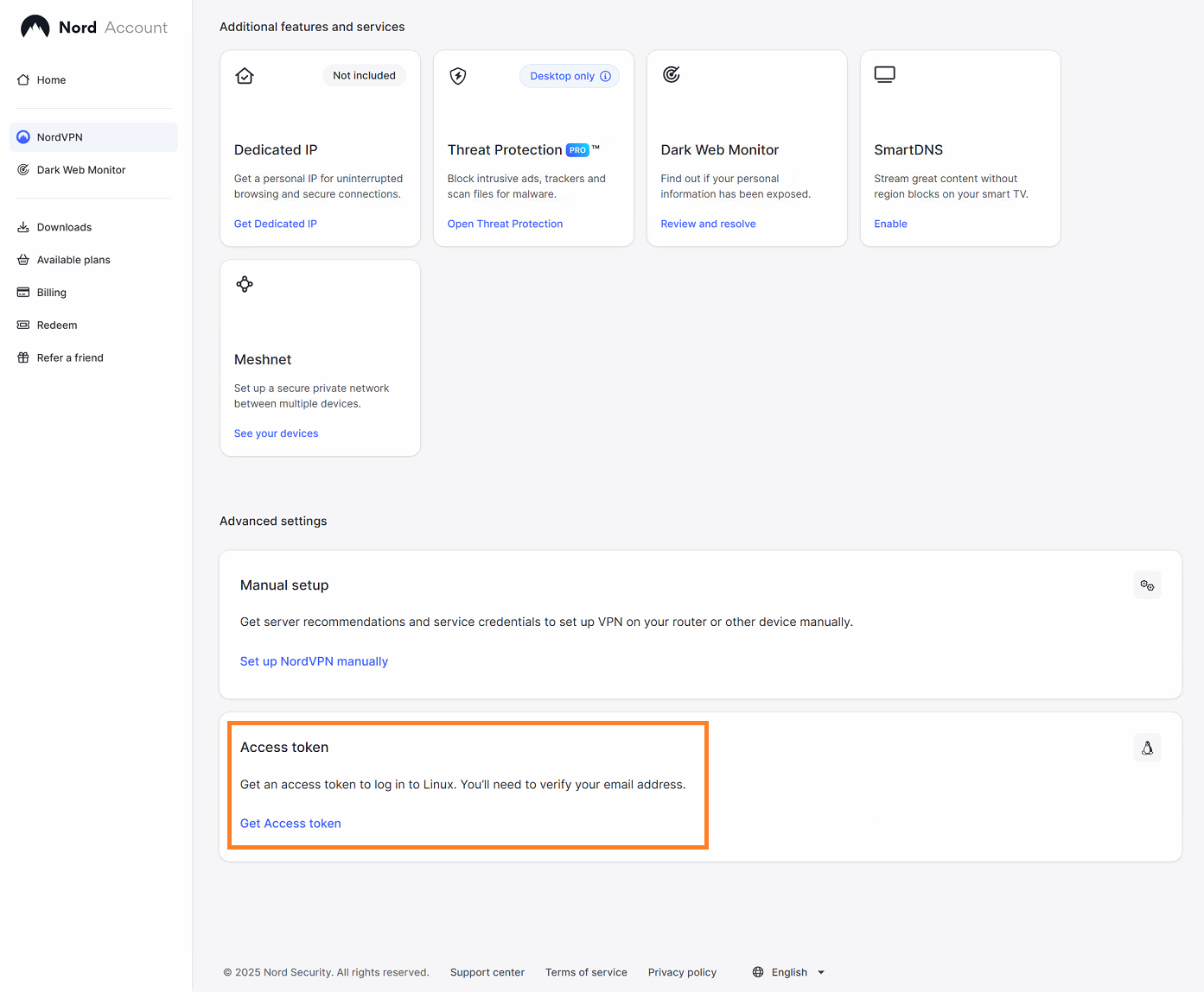 NordVPN account dashboard showing the access tokens section