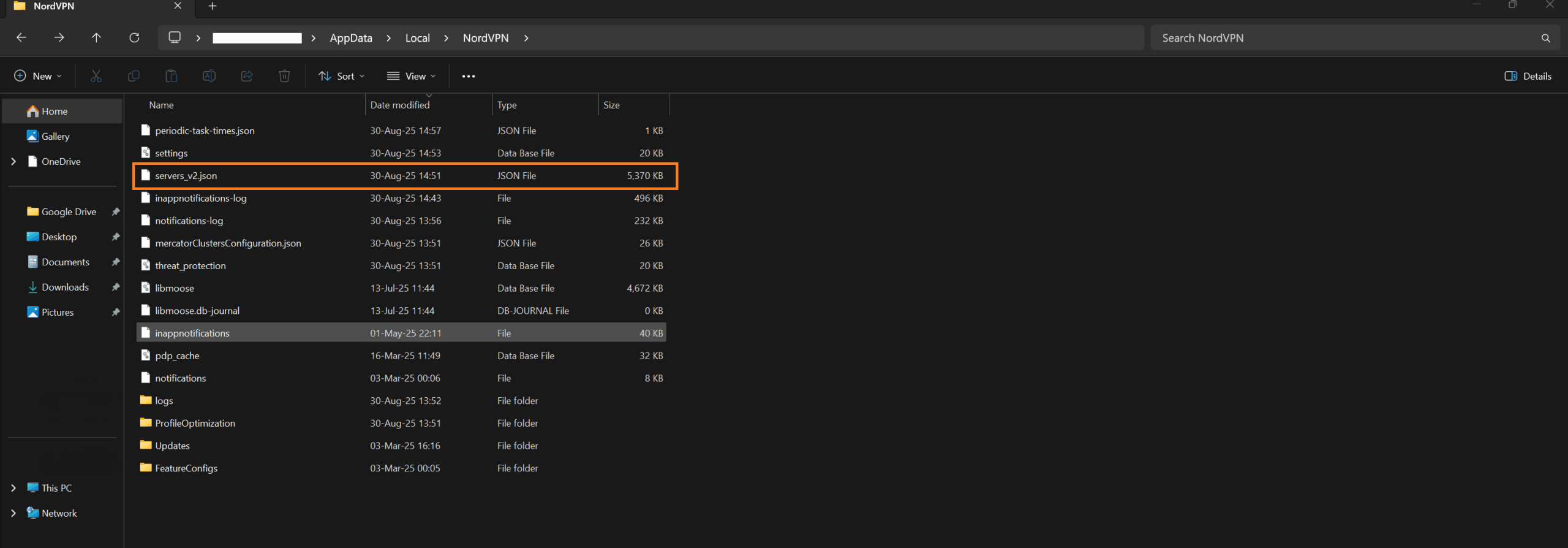Windows File Explorer showing the NordVPN folder inside the local app data directory