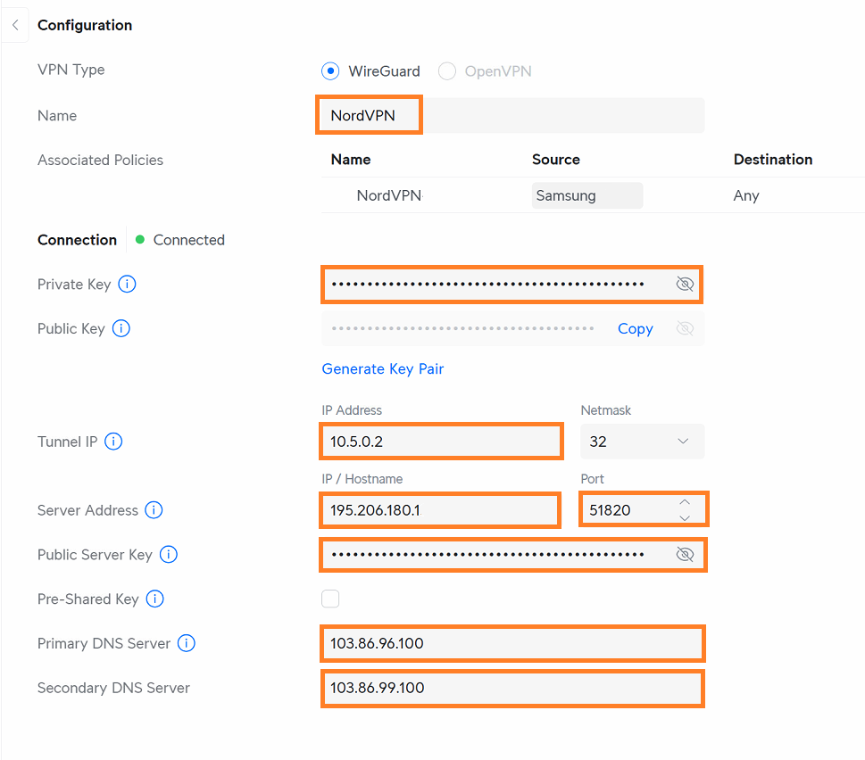 UniFi VPN client configuration screen with the NordVPN WireGuard settings filled in