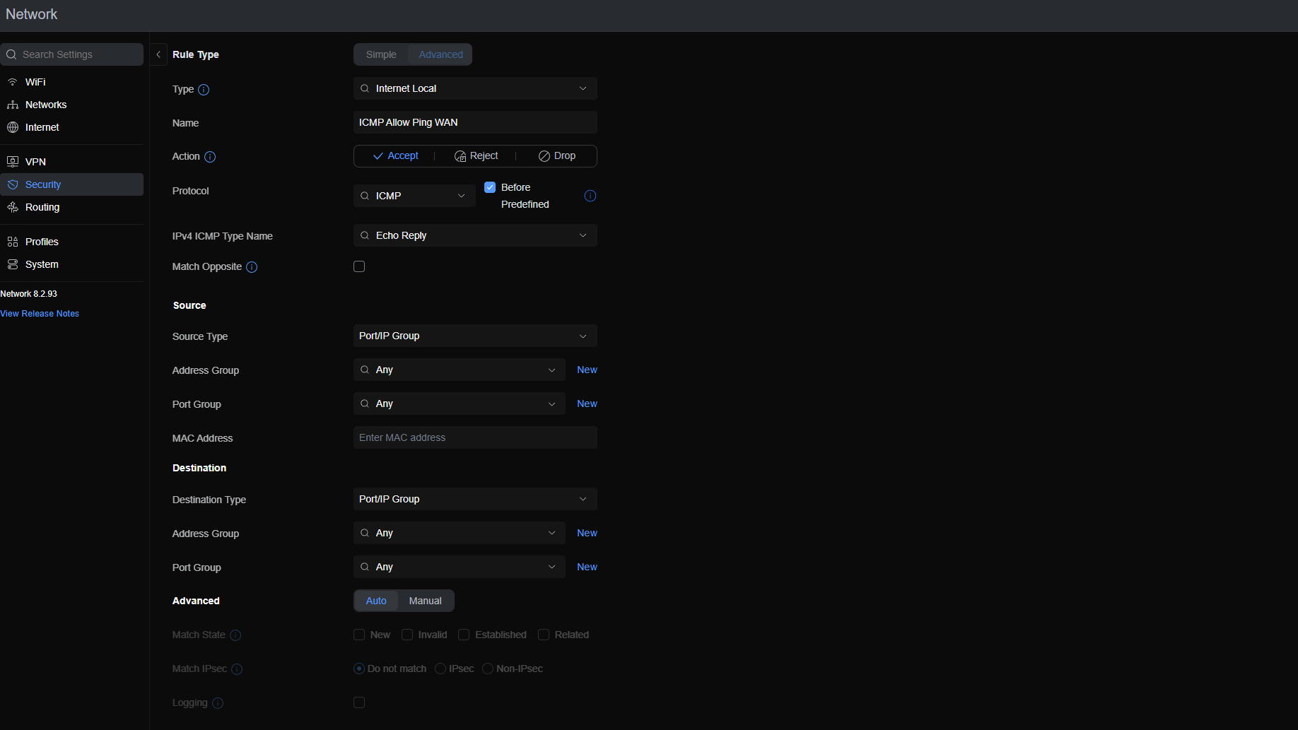 UniFi firewall rule configured to allow ICMP echo on the WAN interface