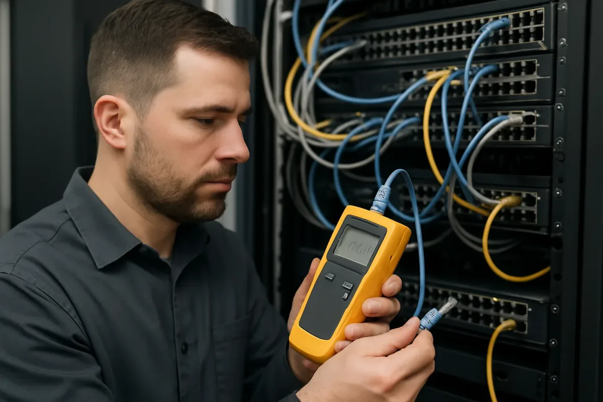 Technician using a cable tester to check network connections in a server rack