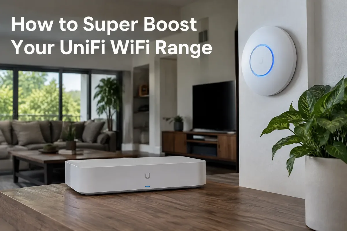UniFi router and wall-mounted access point in a modern living room, boosting WiFi range