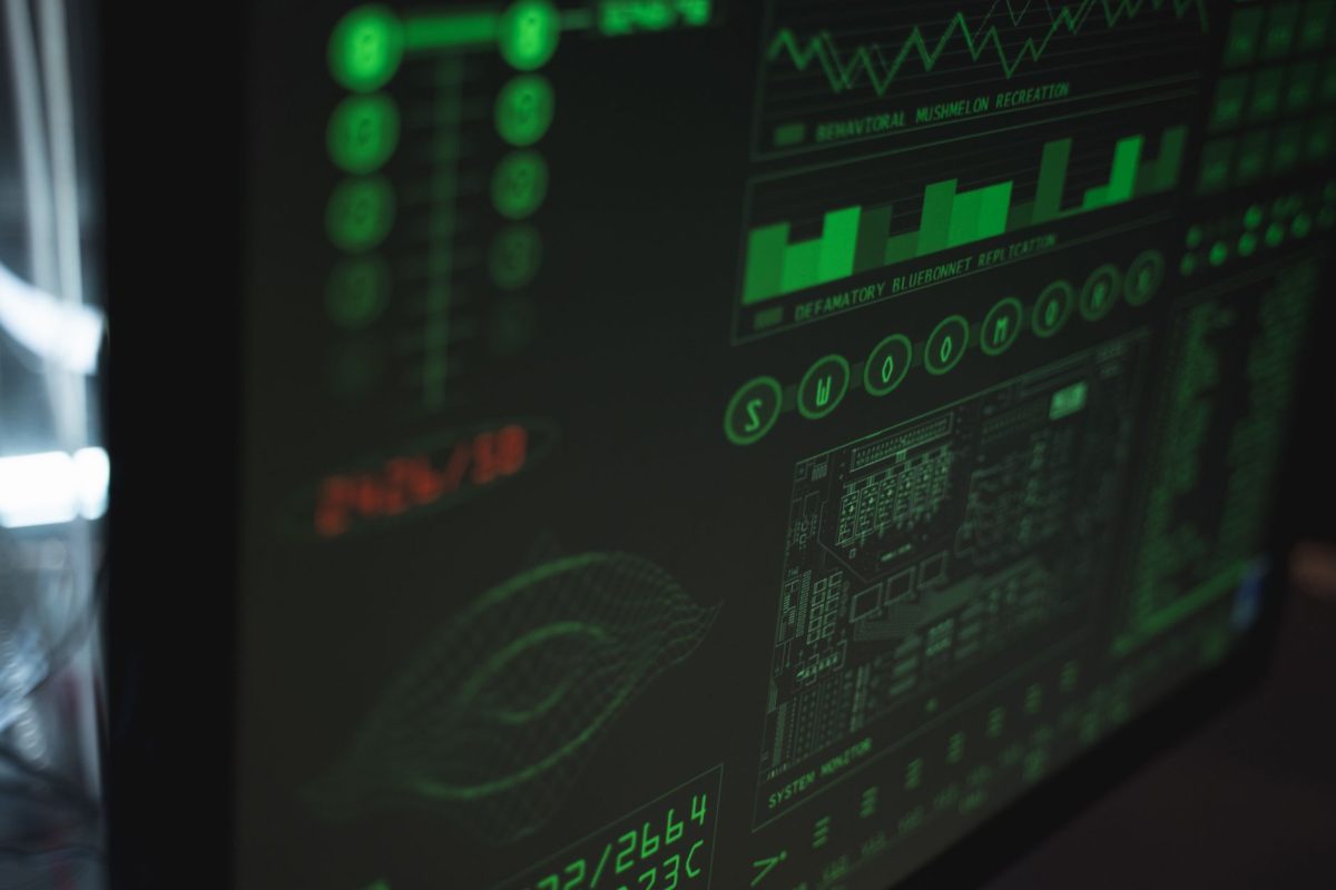 Green digital dashboard displaying system monitoring data, charts, and network security metrics.