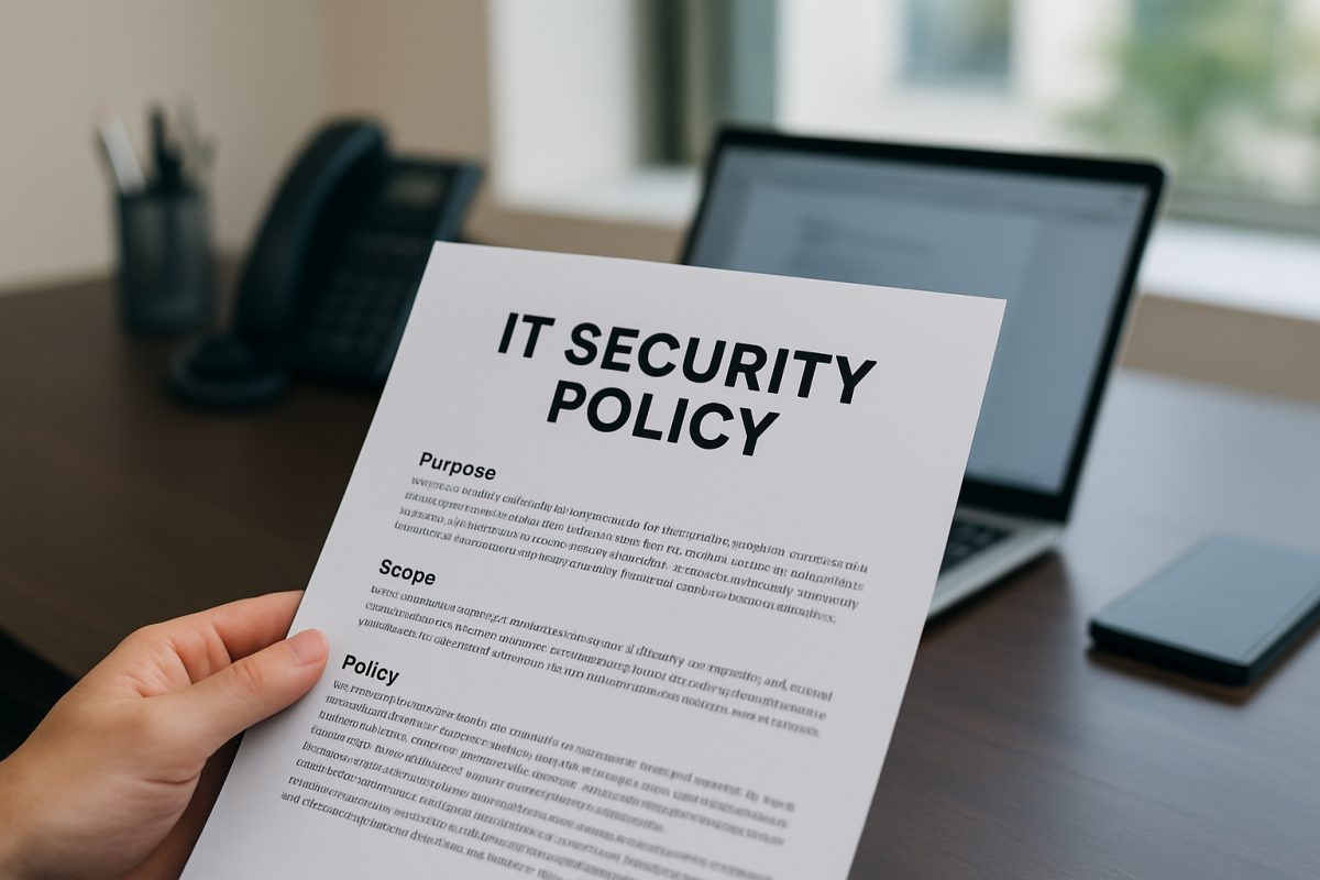 Hand holding IT Security Policy document with laptop and phone on office desk