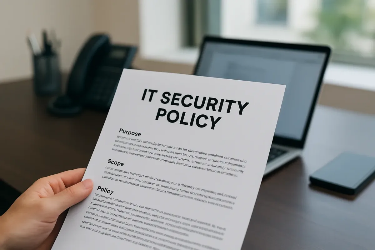 Hand holding IT Security Policy document with laptop and phone on office desk