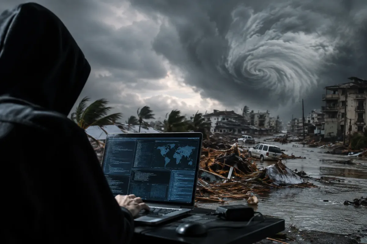 Hooded figure at laptop amid cyclone and flood debris, symbolizing cyber and natural disasters.