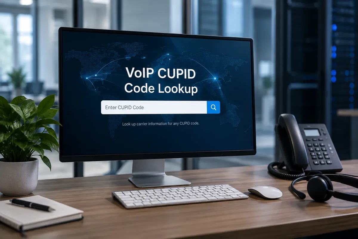 Computer screen showing VoIP CUPID Code Lookup tool on an office desk with phone and headset.