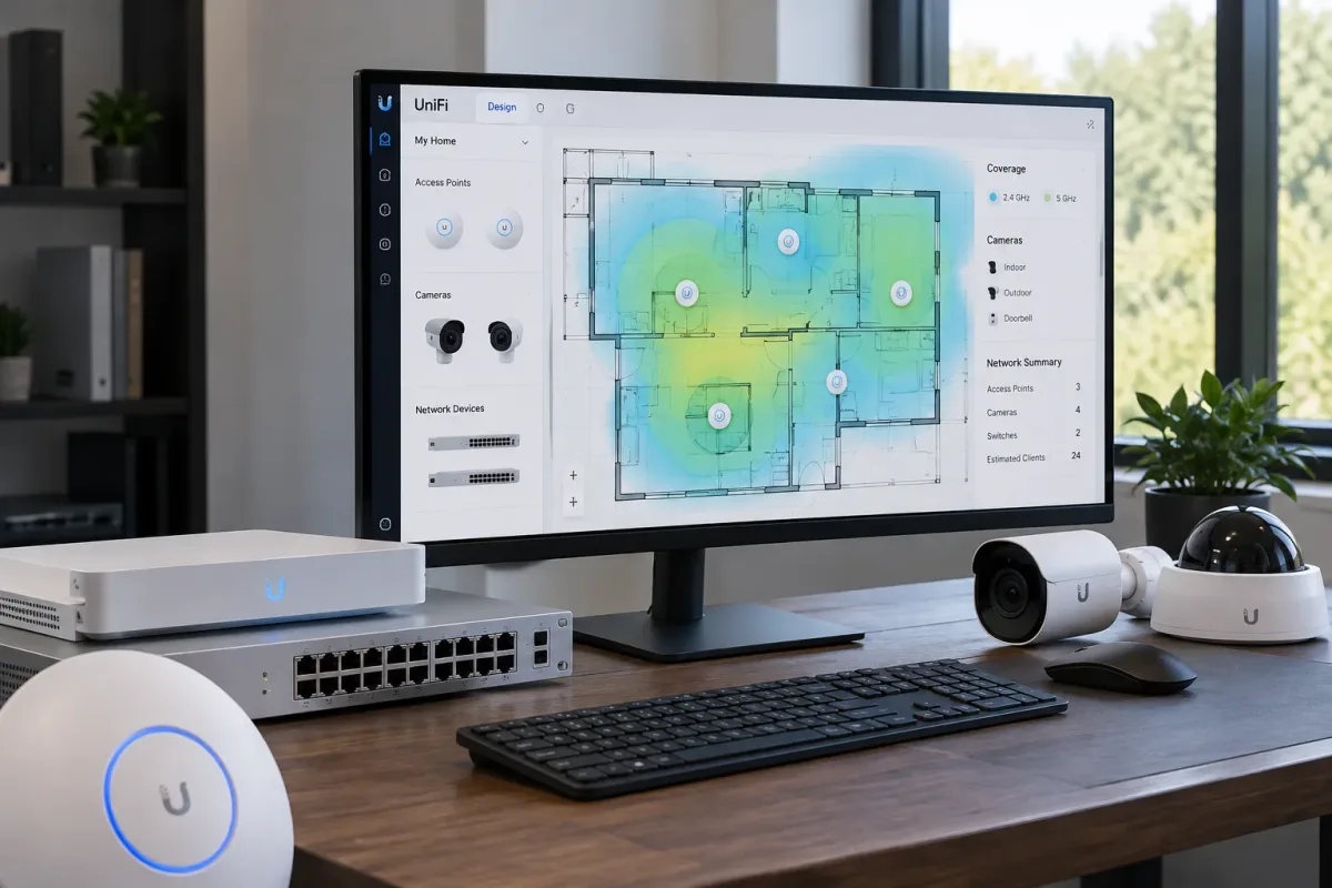 UniFi network planner on monitor showing WiFi heatmap, with router, switch, and cameras on desk.