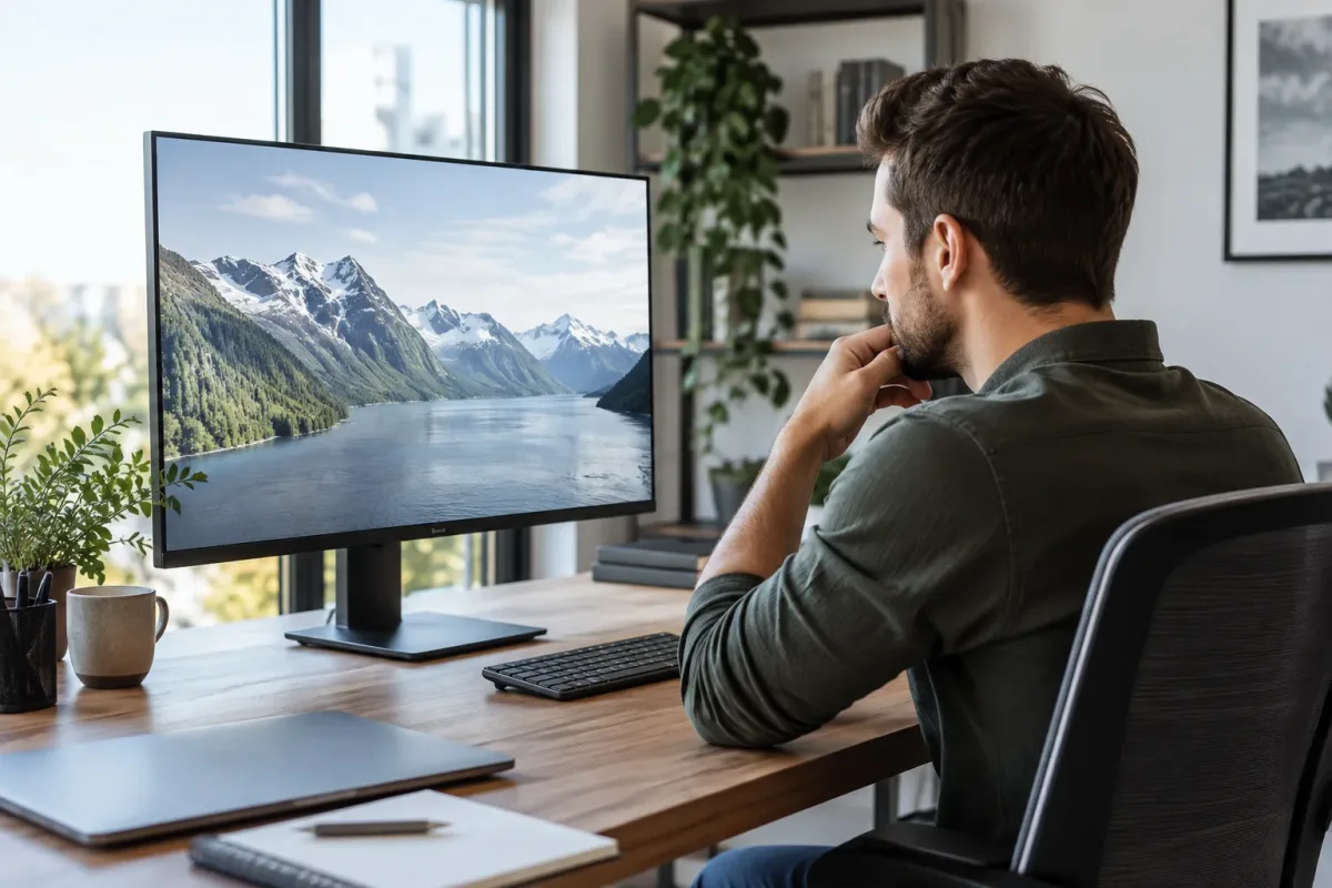 Man at desk viewing large monitor with mountain lake scene, choosing the right screen size.