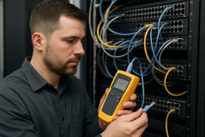Technician using a cable tester to check network connections in a server rack