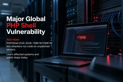 Laptop showing PHP code in server room, warning of PHP2Shell vulnerability CVE-2026-109618/109619