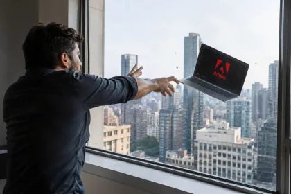 Man throws laptop displaying Adobe logo out high-rise window overlooking city skyline