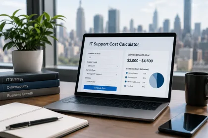 Laptop screen showing IT support cost calculator with pricing breakdown and city skyline view.