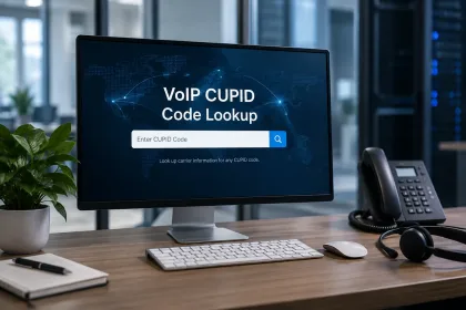 Computer screen showing VoIP CUPID Code Lookup tool on an office desk with phone and headset.