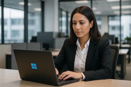 Businesswoman using Windows laptop at desk, meeting minimum office PC specs for 2026.
