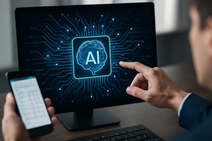 Man touches screen showing AI brain icon while holding phone with data, symbolizing AI data access risks.