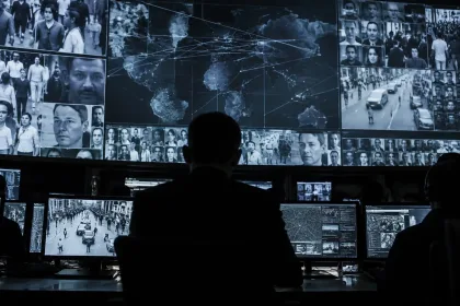 Silhouetted analyst monitors global surveillance data, facial recognition, and city cameras in control room.