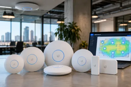 UniFi Wi-Fi access points lineup with laptop showing network heatmap in modern office
