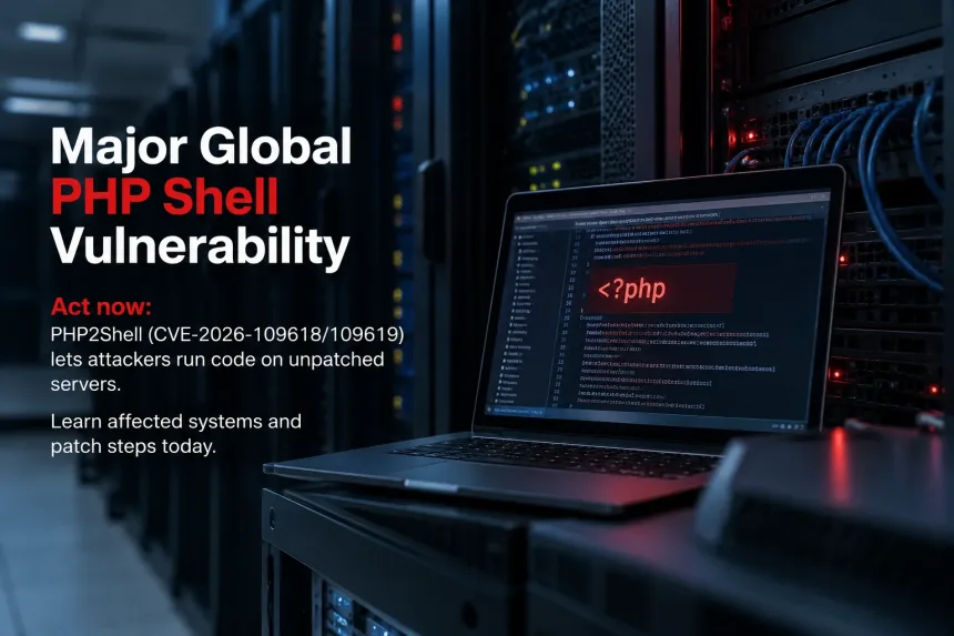Laptop showing PHP code in server room, warning of PHP2Shell vulnerability CVE-2026-109618/109619