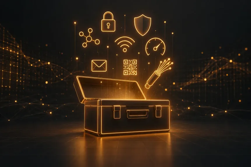 Glowing toolbox with security, Wi-Fi, and network icons representing IT and cyber security tools.