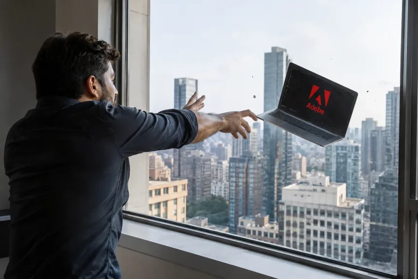 Man throws laptop displaying Adobe logo out high-rise window overlooking city skyline