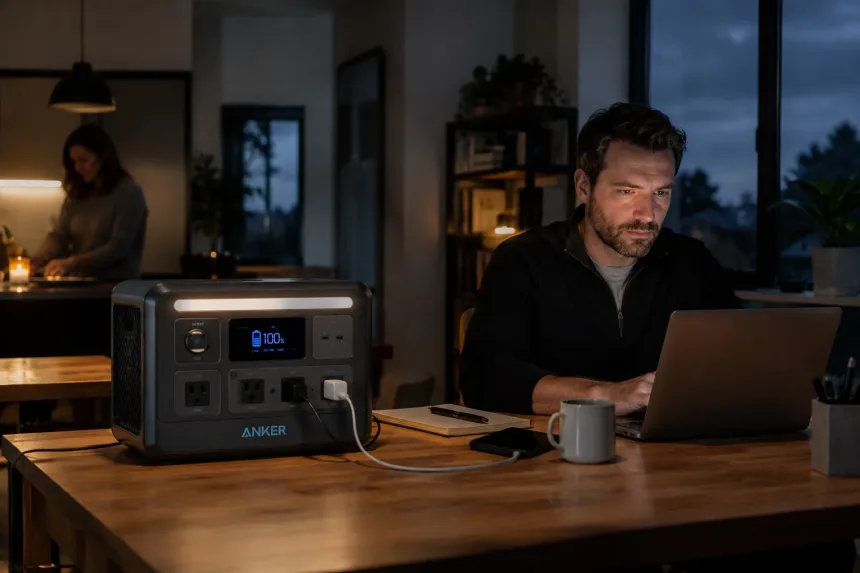 Man works on laptop at night, powered by fully charged Anker power station during UK outage.