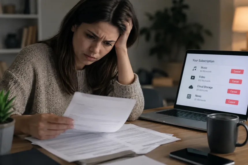 Stressed woman reviews bills beside laptop showing subscription cancellation options.