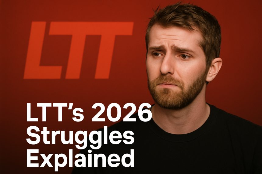 Concerned man beside red LTT logo with text "LTT's 2026 Struggles Explained