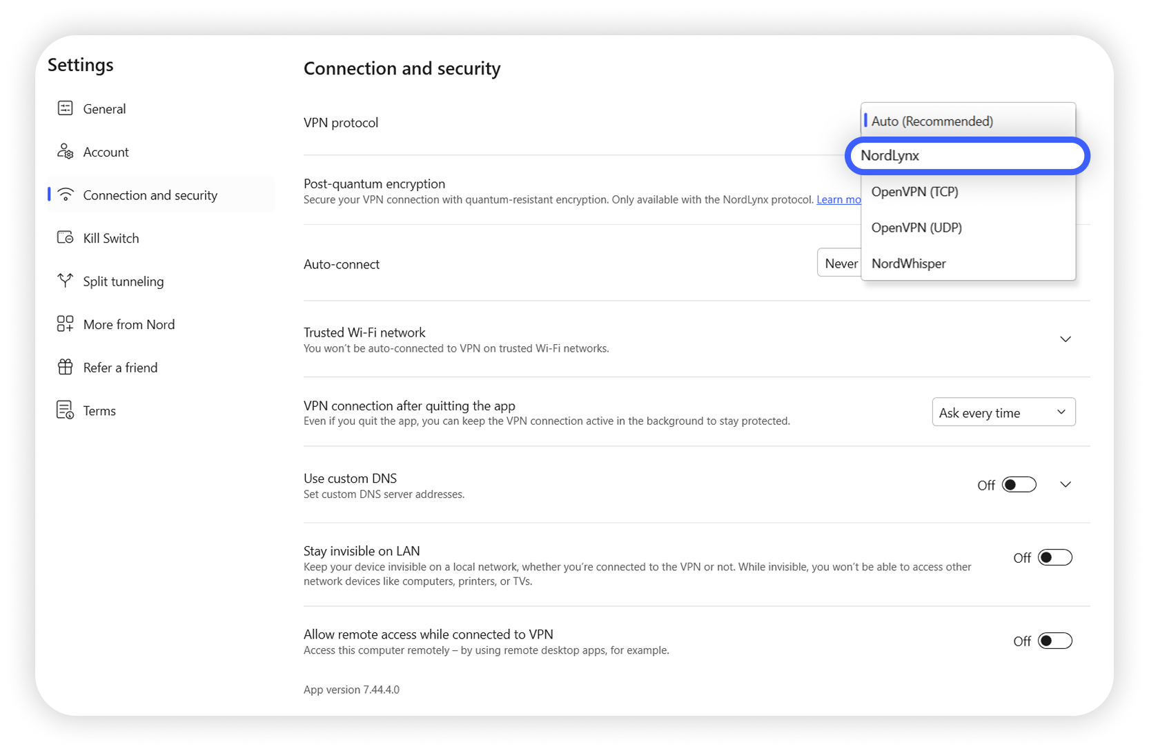 NordVPN Windows app connection and security settings with NordLynx selected as the VPN protocol