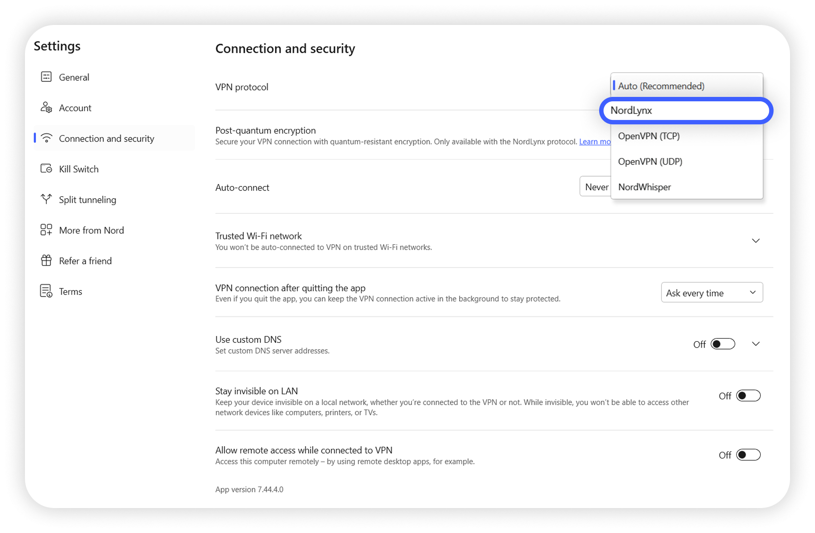 NordVPN Windows app connection and security settings with NordLynx selected as the VPN protocol