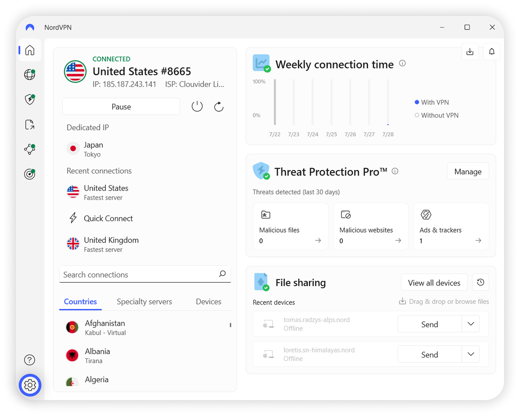 NordVPN Windows app country selection screen