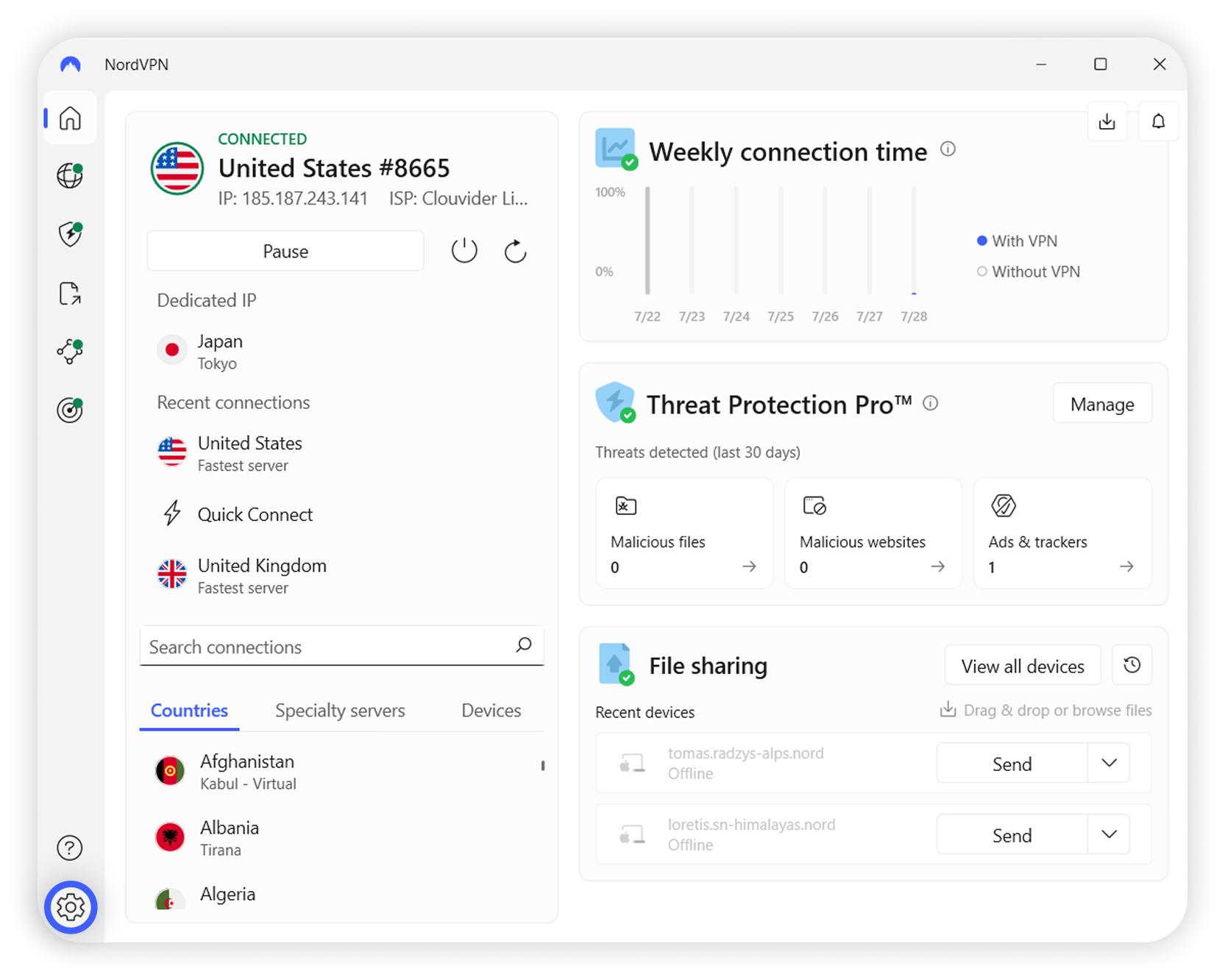 NordVPN Windows app country selection screen