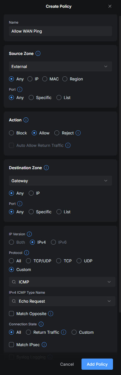 The firewall policy interface in UniFi Network 10