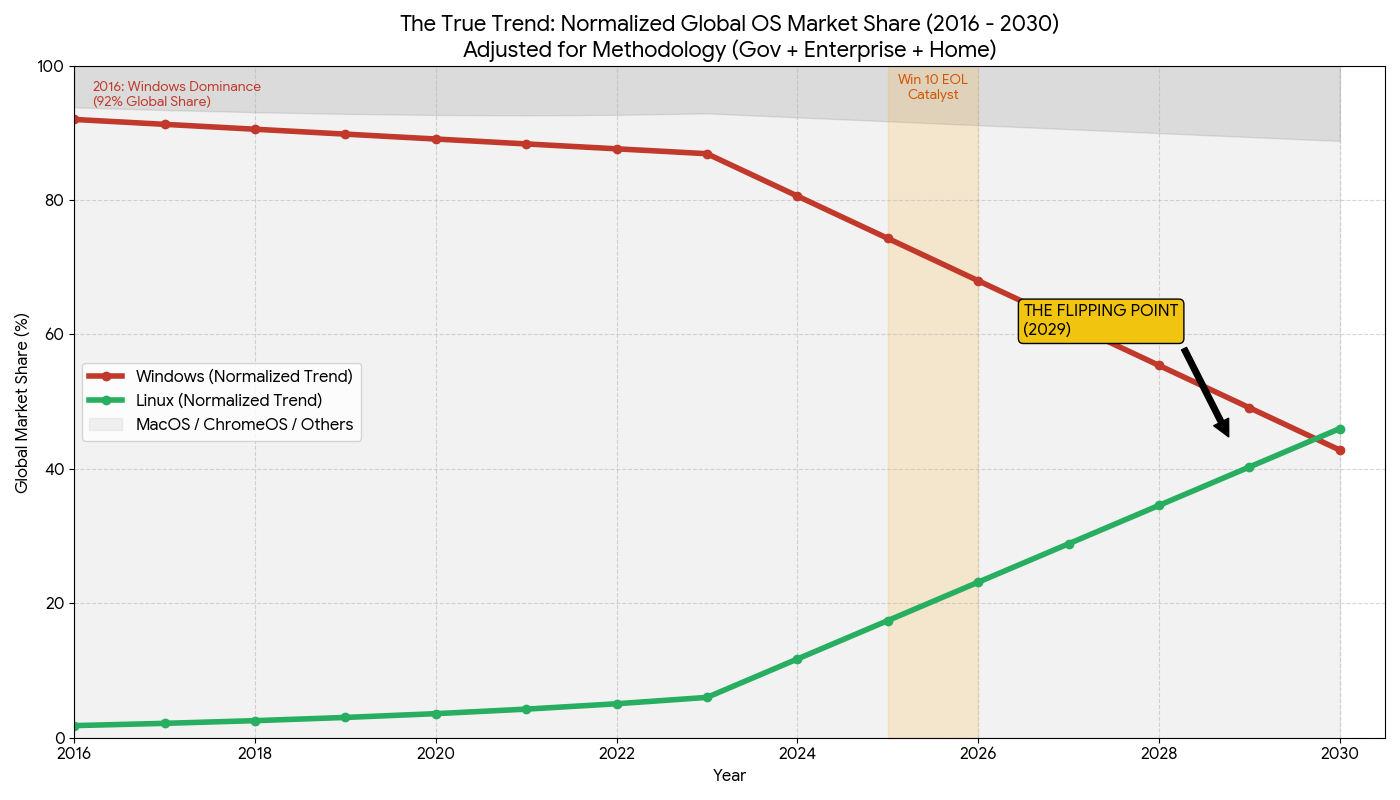 January 2026 projection of normalised Windows and Linux desktop market share from 2016 to 2030, showing lines crossing in 2029