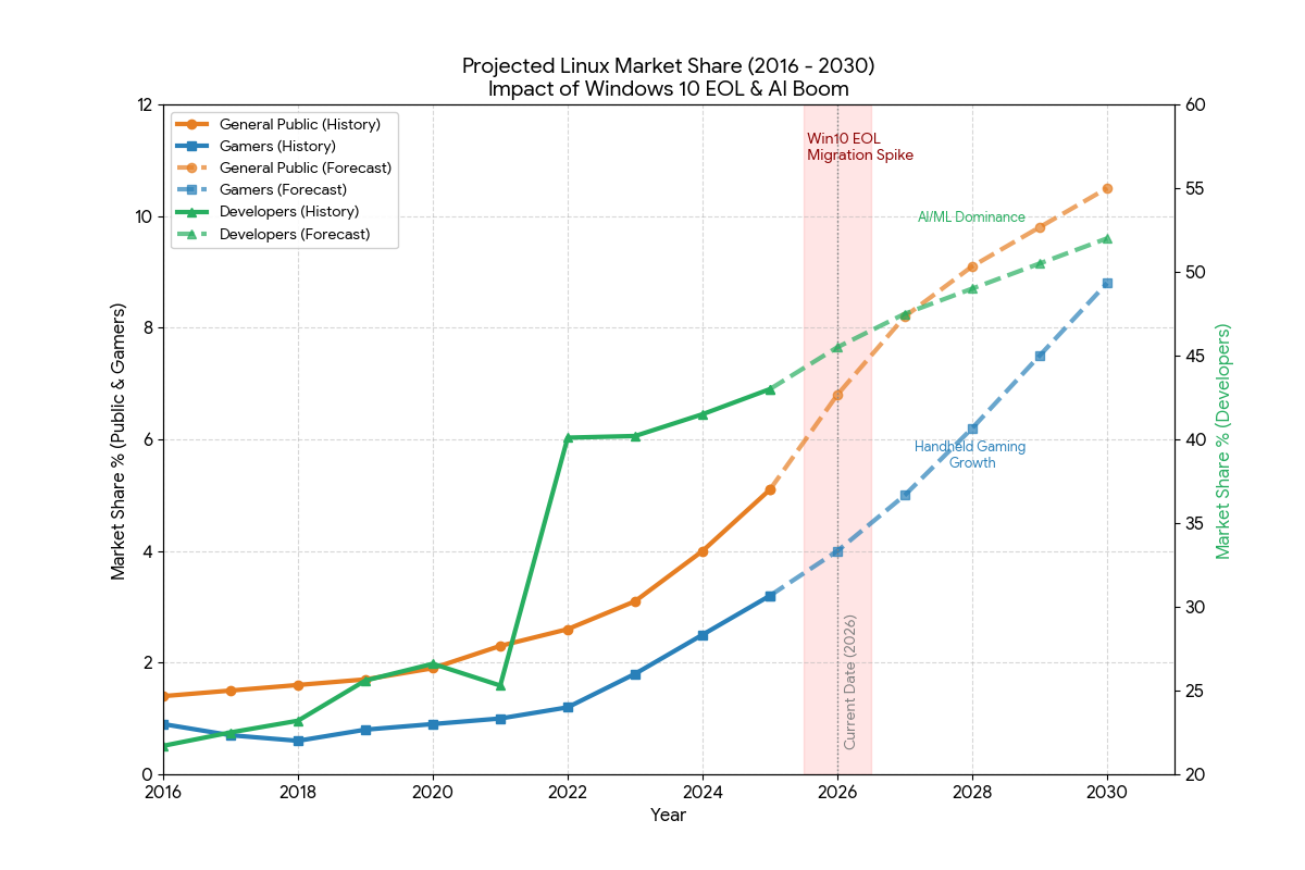 January 2026 trend analysis of Windows and Linux share from 2016 to 2030 with projected Linux growth